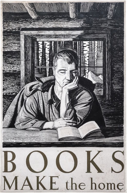 Illustration of a man reading a book at a table in a log cabin
